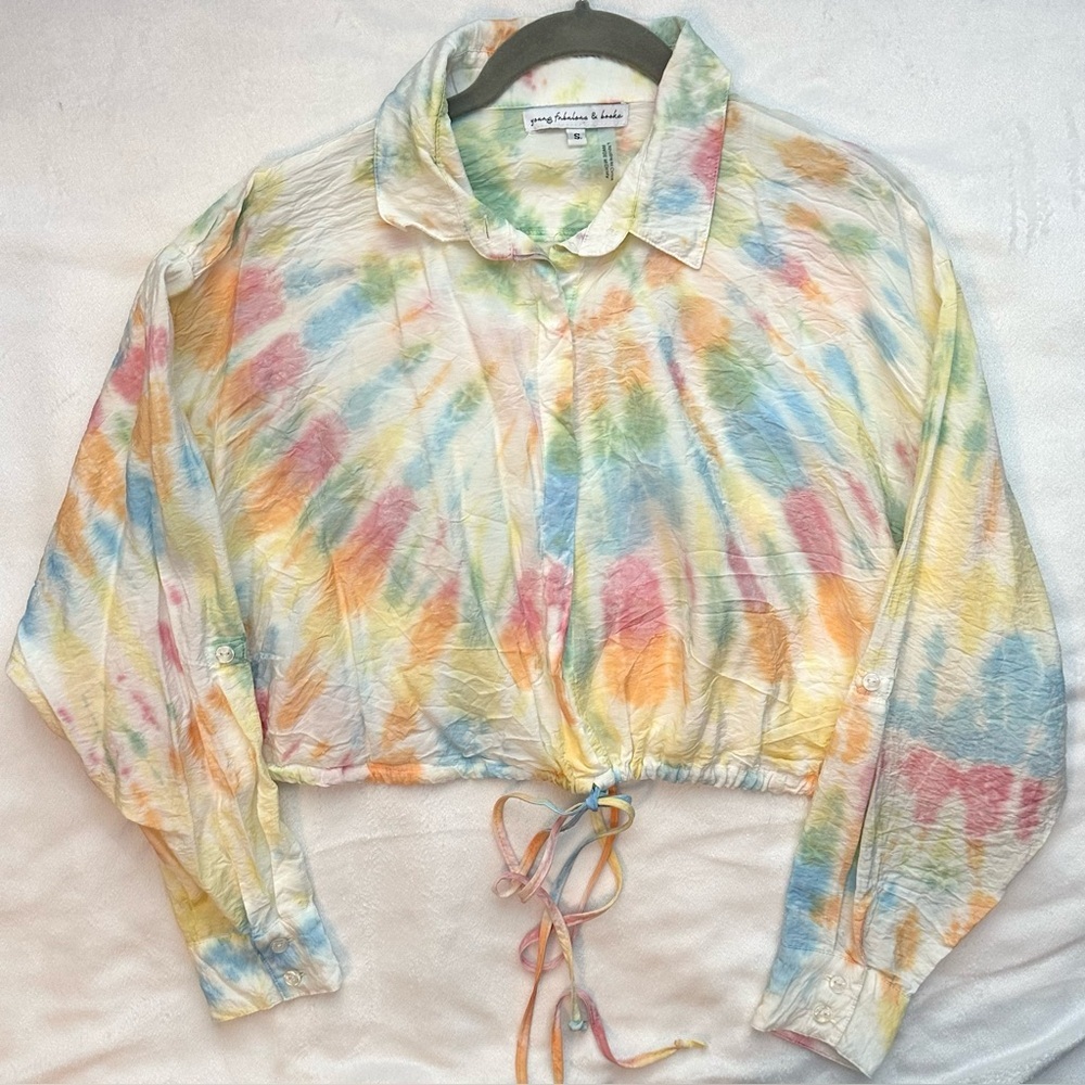 Young Fabulous & Broke Julep Crop Top S Shirt Tie Dye Collar Button Drawstring